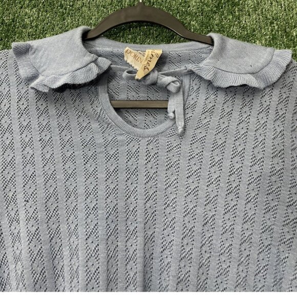 Holmes Dorina VTG Sweater Top Knitted Blue Crochet Long Sleeve Tie Size Small - Picture 4 of 11